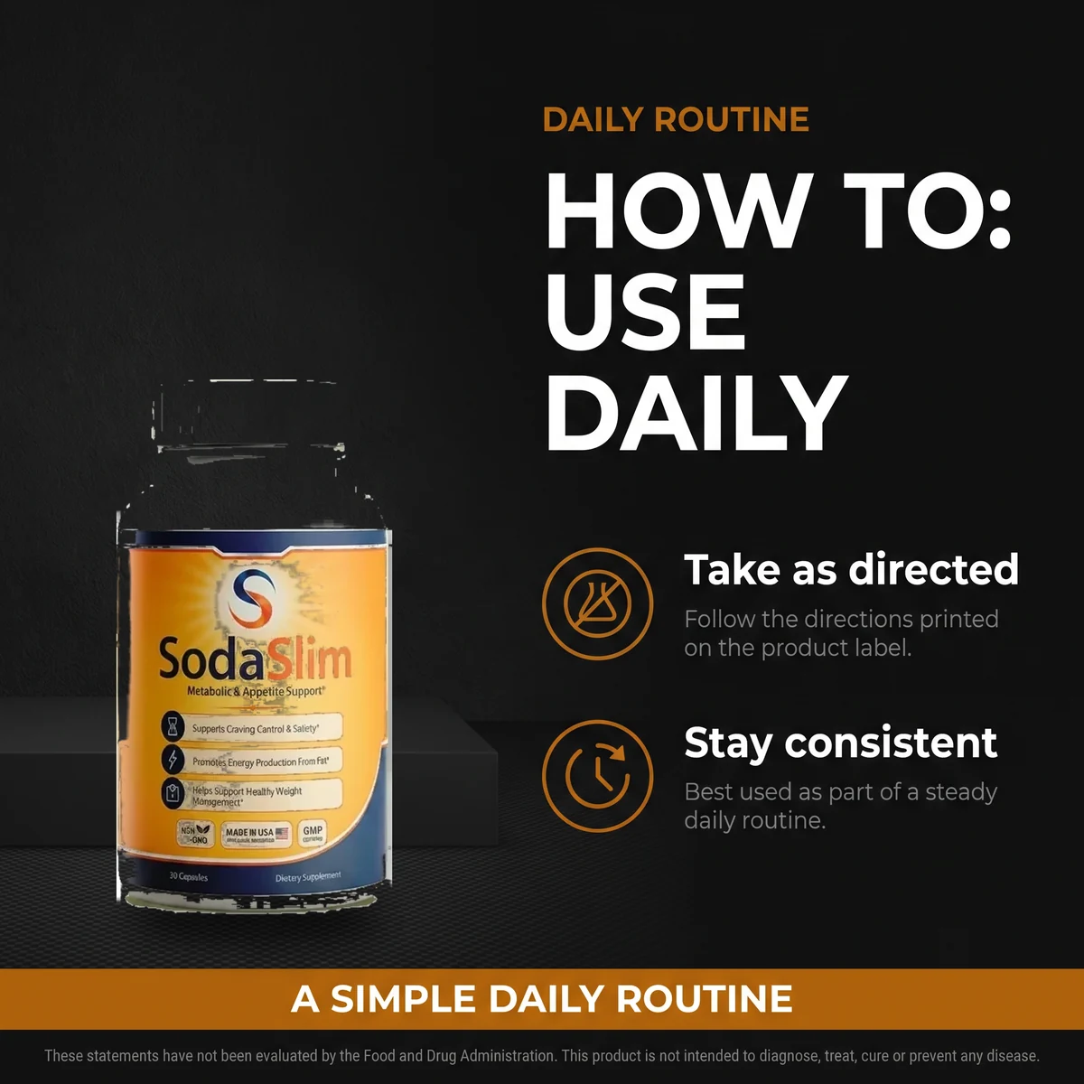 The SodaSlim daily routine listing card, showing the two label instructions