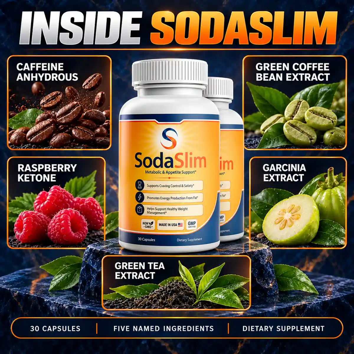 The SodaSlim inside graphic, naming caffeine anhydrous, green coffee bean extract, raspberry ketone, garcinia extract and green tea extract