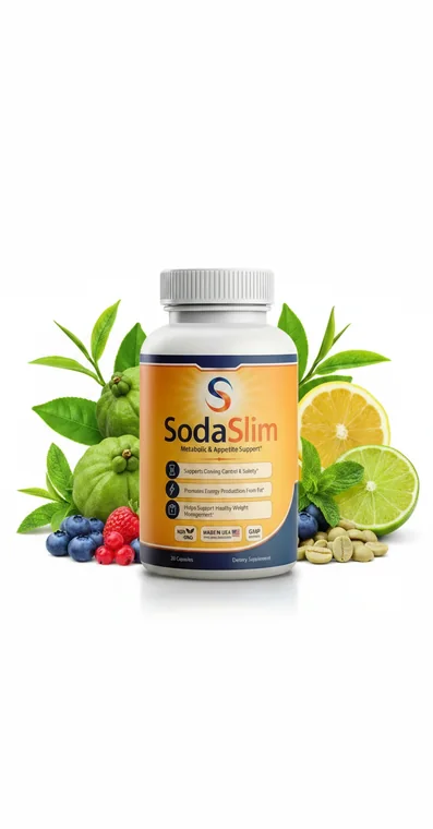 A SodaSlim bottle photographed among green coffee beans, raspberries, tea leaves, citrus and garcinia fruit